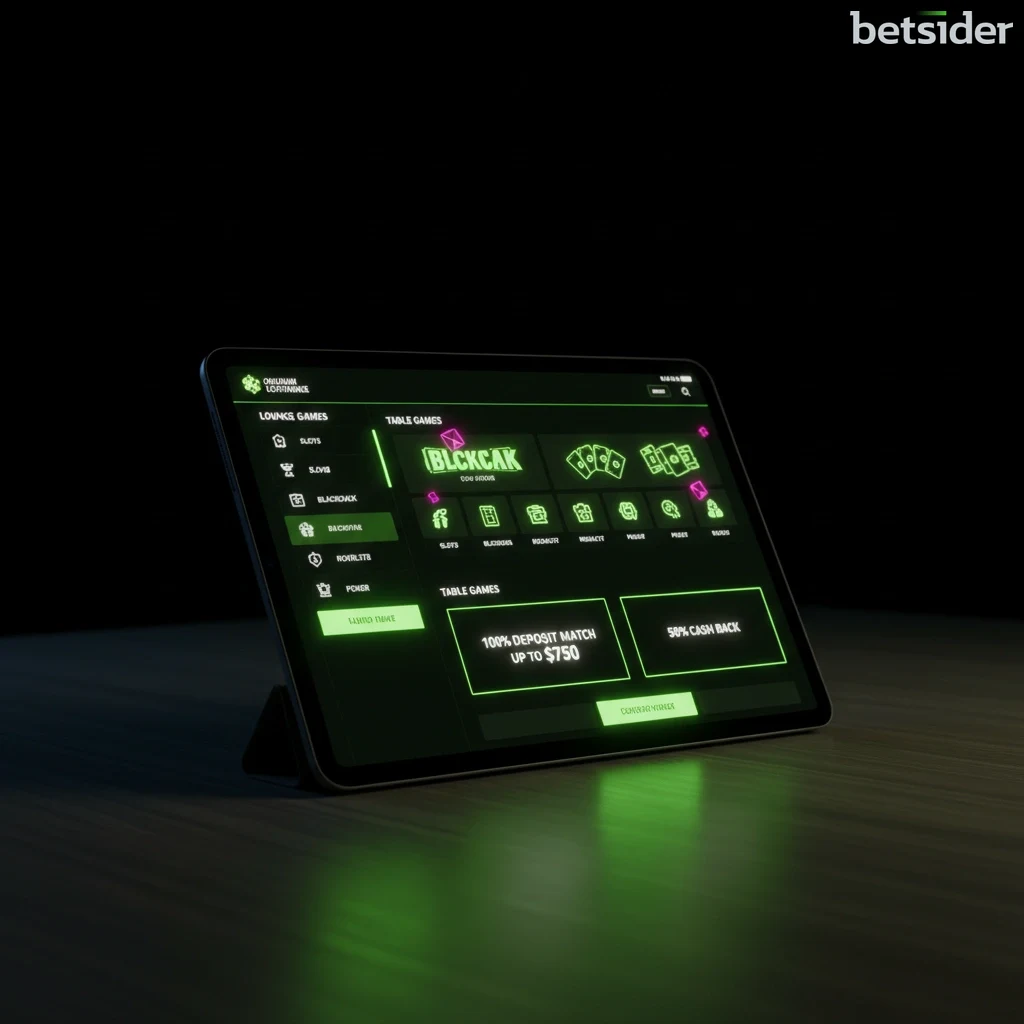 Betsider online casino lobby next to the Betsider Sportsbook tab on a tablet